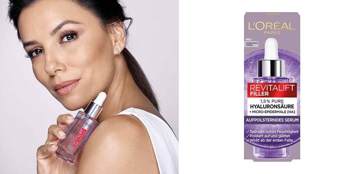 Produktabbildung und Eva Longoria die das L'Oréal Revitalift Serum im Profil in den Händen hält